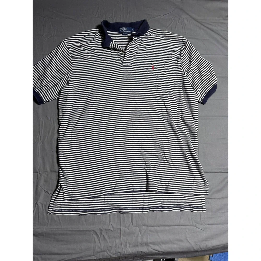 Polo Ralph Lauren Polo Shirt Mens XL Navy White Good Striped Short Sleeve
